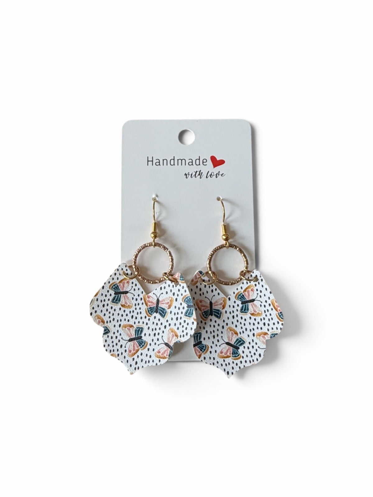 Roselee Glitz handmade drop earrings featuring a white butterfly and dotted pattern with gold-toned hardware