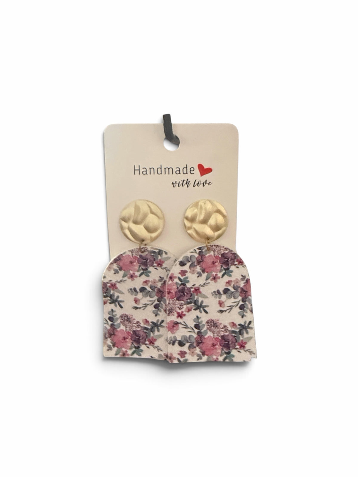 Roselee Glitz handmade arch drop earrings with hammered gold discs and a vintage floral print in rose and plum tones.