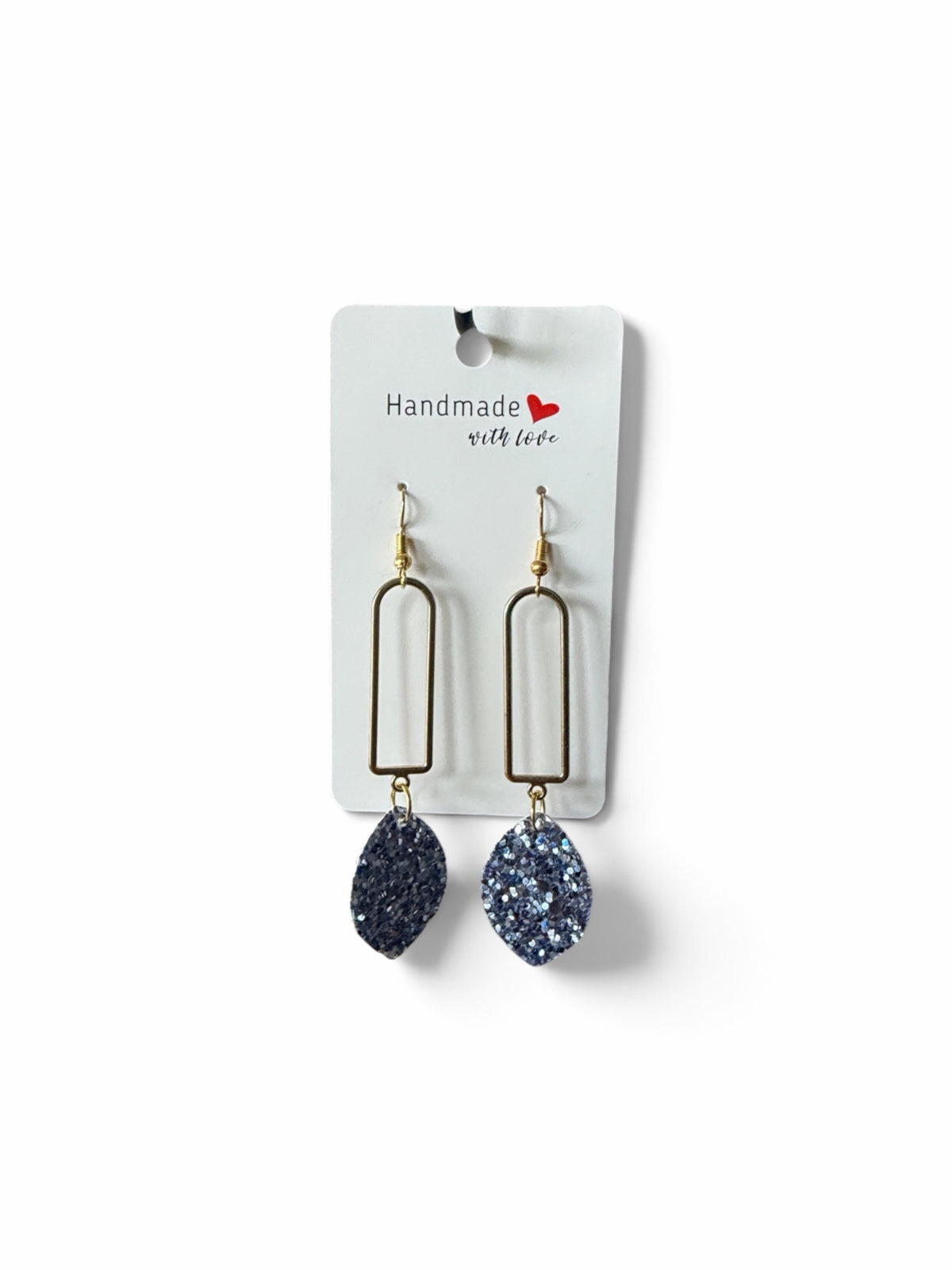 Roselee Glitz geometric drop earrings with gold-tone arch frames and glitter-infused teardrop charms on display card.