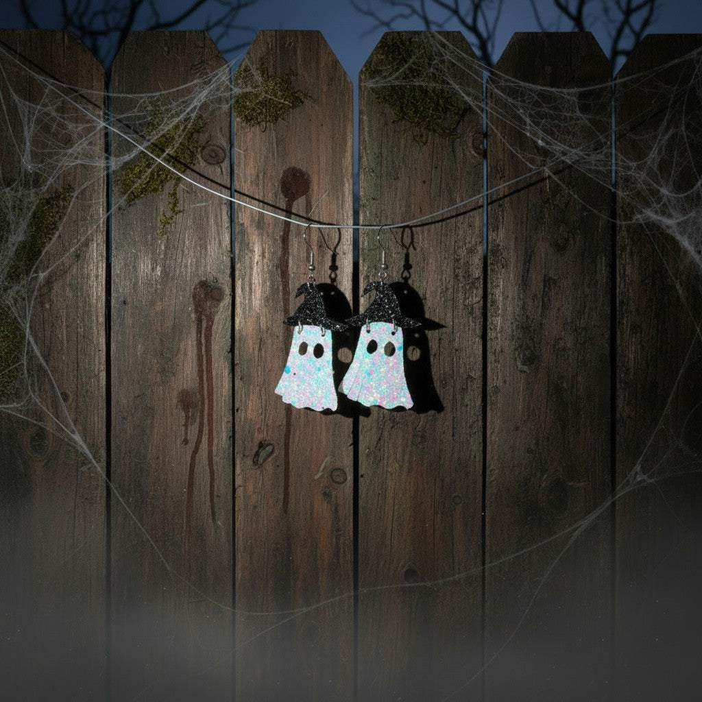 Roselee Glitz iridescent glitter ghost dangle earrings with black glitter witch hats hanging on a wooden fence