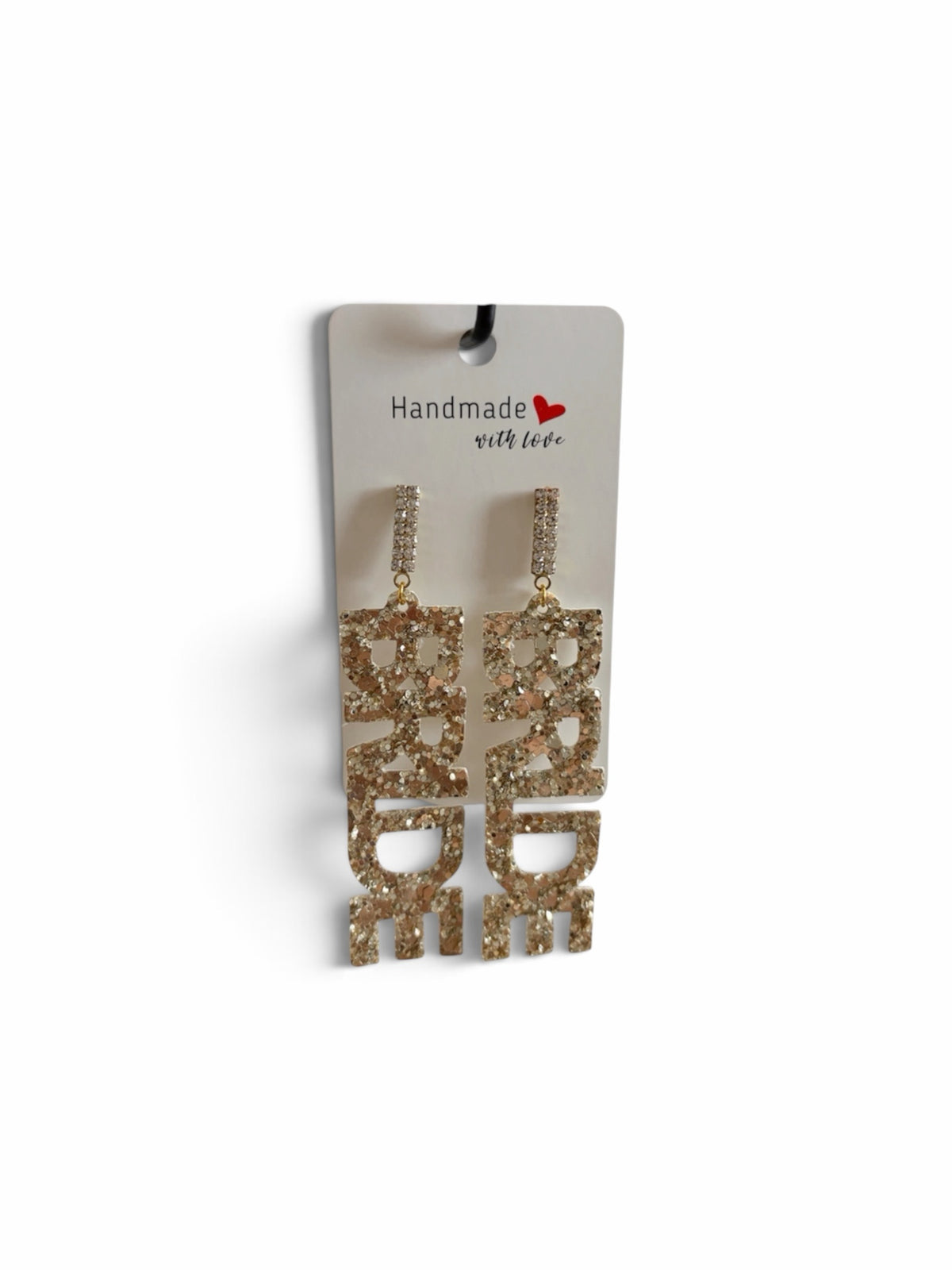 Roselee Glitz gold glitter BRIDE drop earrings with crystal accents on a handmade display card.