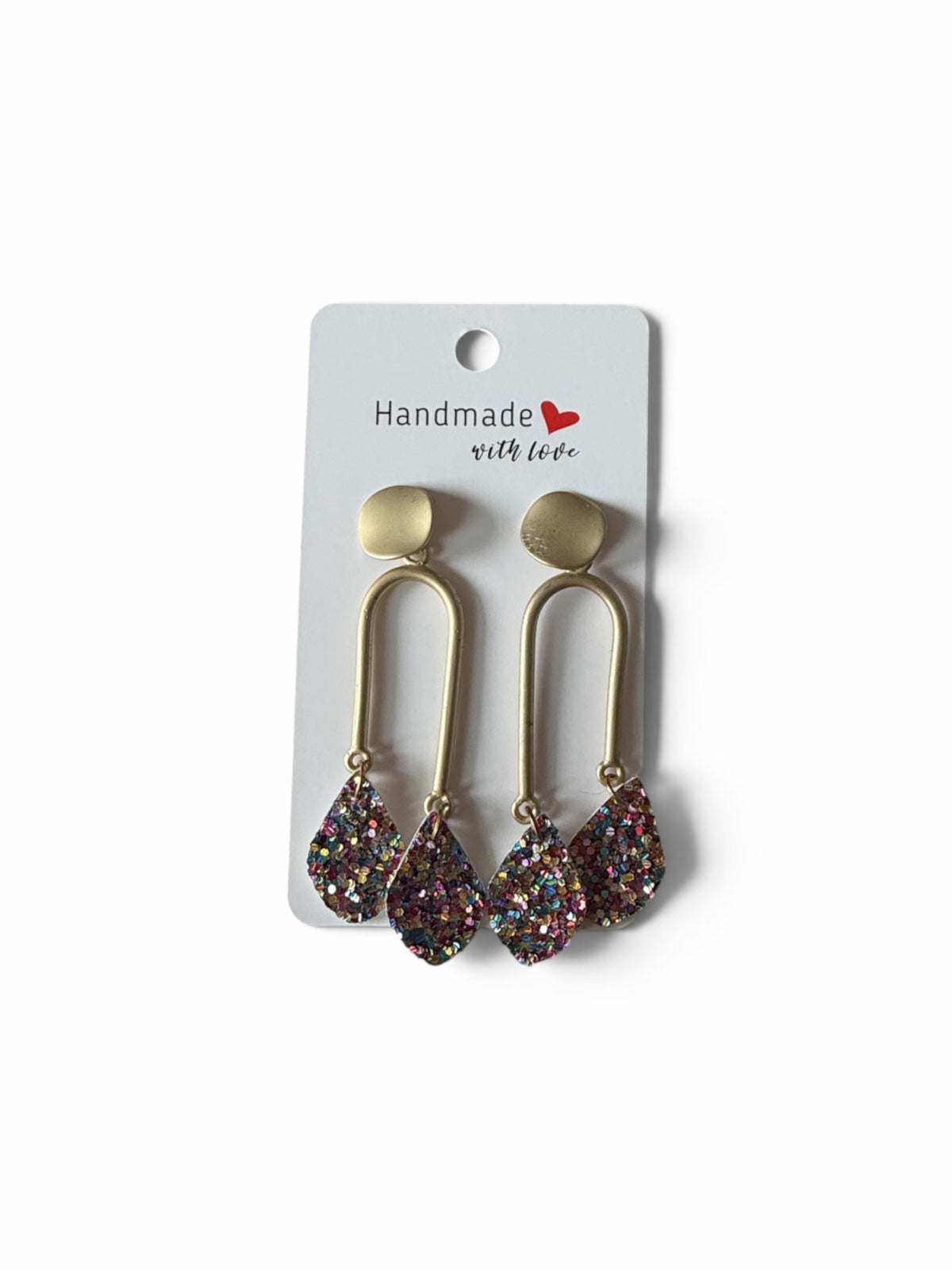 Roselee Glitz handmade gold-tone U-shaped drop earrings with multi-colored glitter teardrop charms on display card