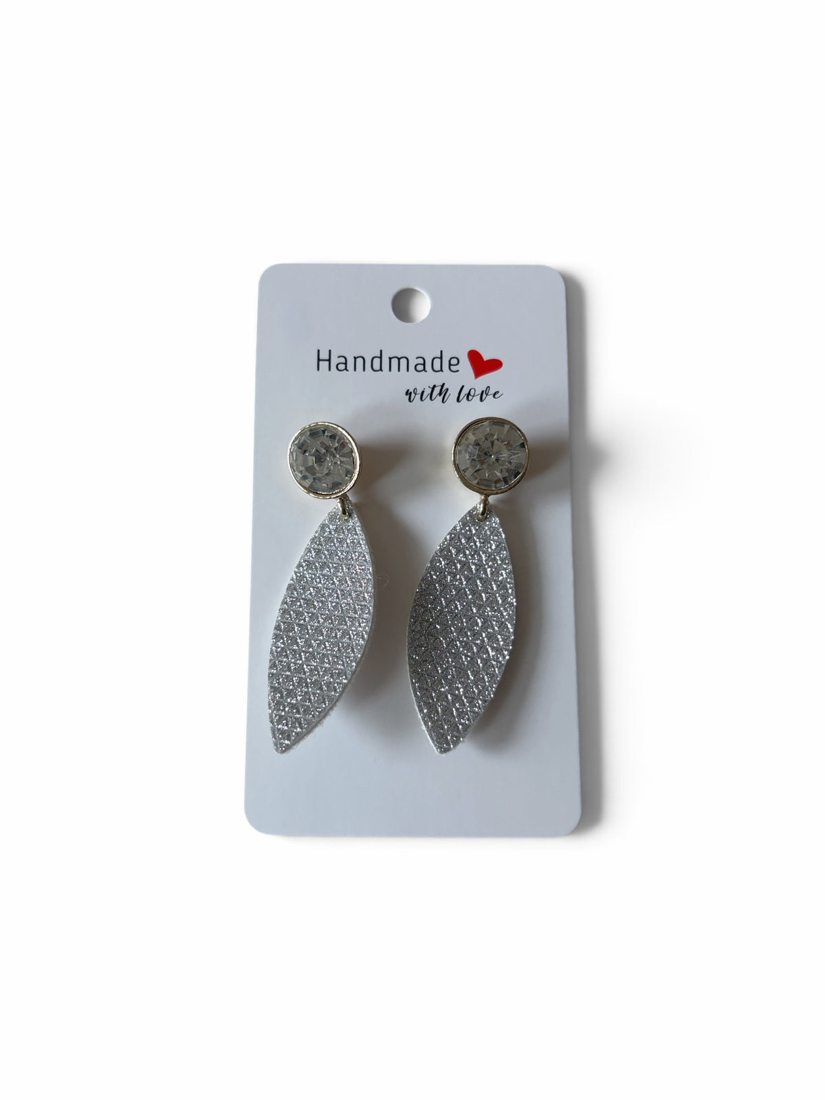 Roselee Glitz handmade leaf drop earrings with faceted crystal studs and textured shimmering silver leaf pendants.