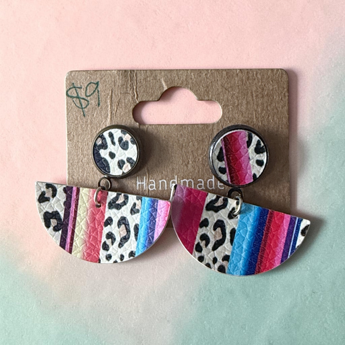 Roselee Glitz handmade half moon drop earrings featuring leopard print and vibrant pink, blue, and yellow stripes.