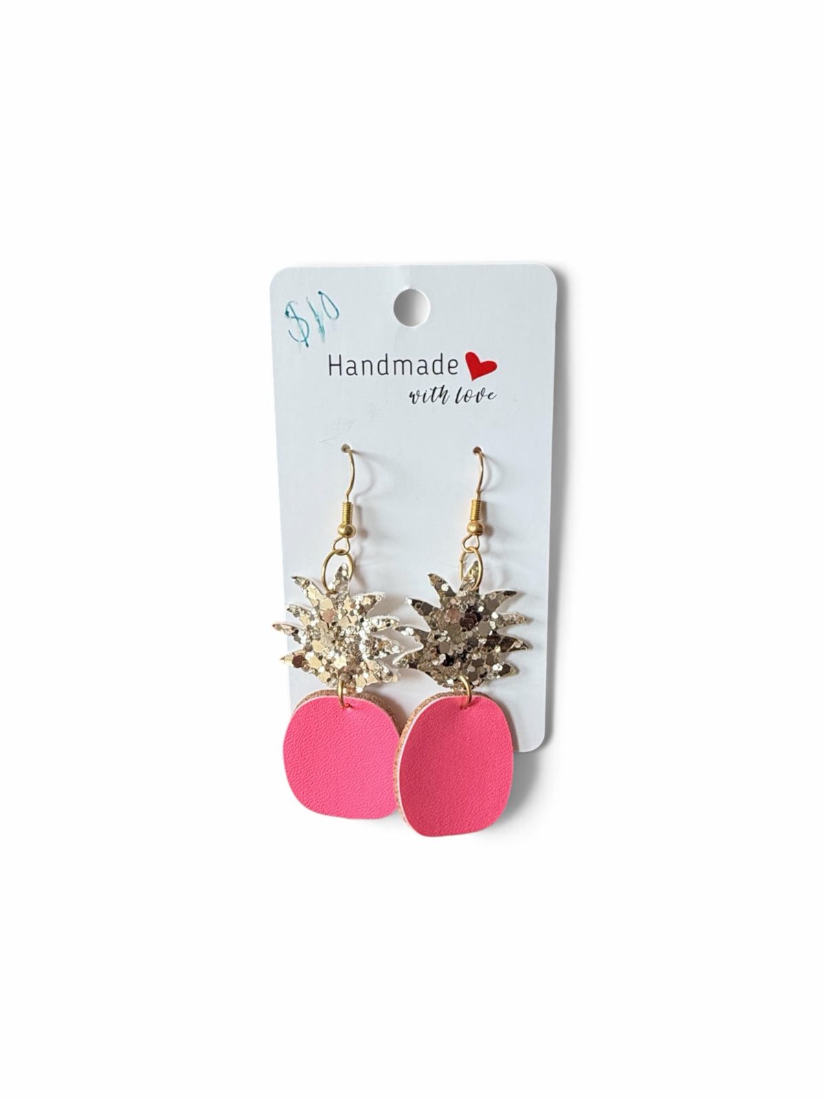 Roselee Glitz handmade pineapple drop earrings with gold glitter tops and hot pink leather-like bases on display card.