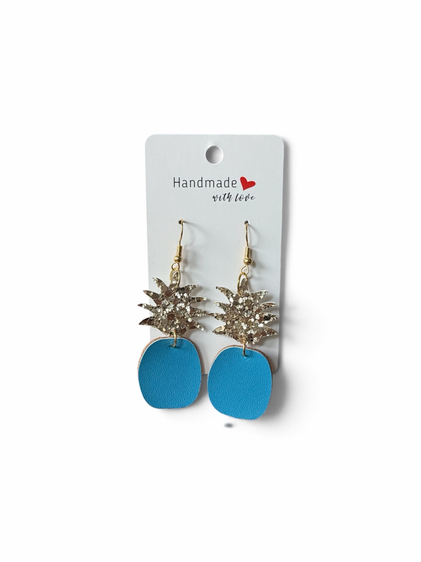 Roselee Glitz handmade pineapple drop earrings with gold glitter tops and sky-blue leather-textured dangles.