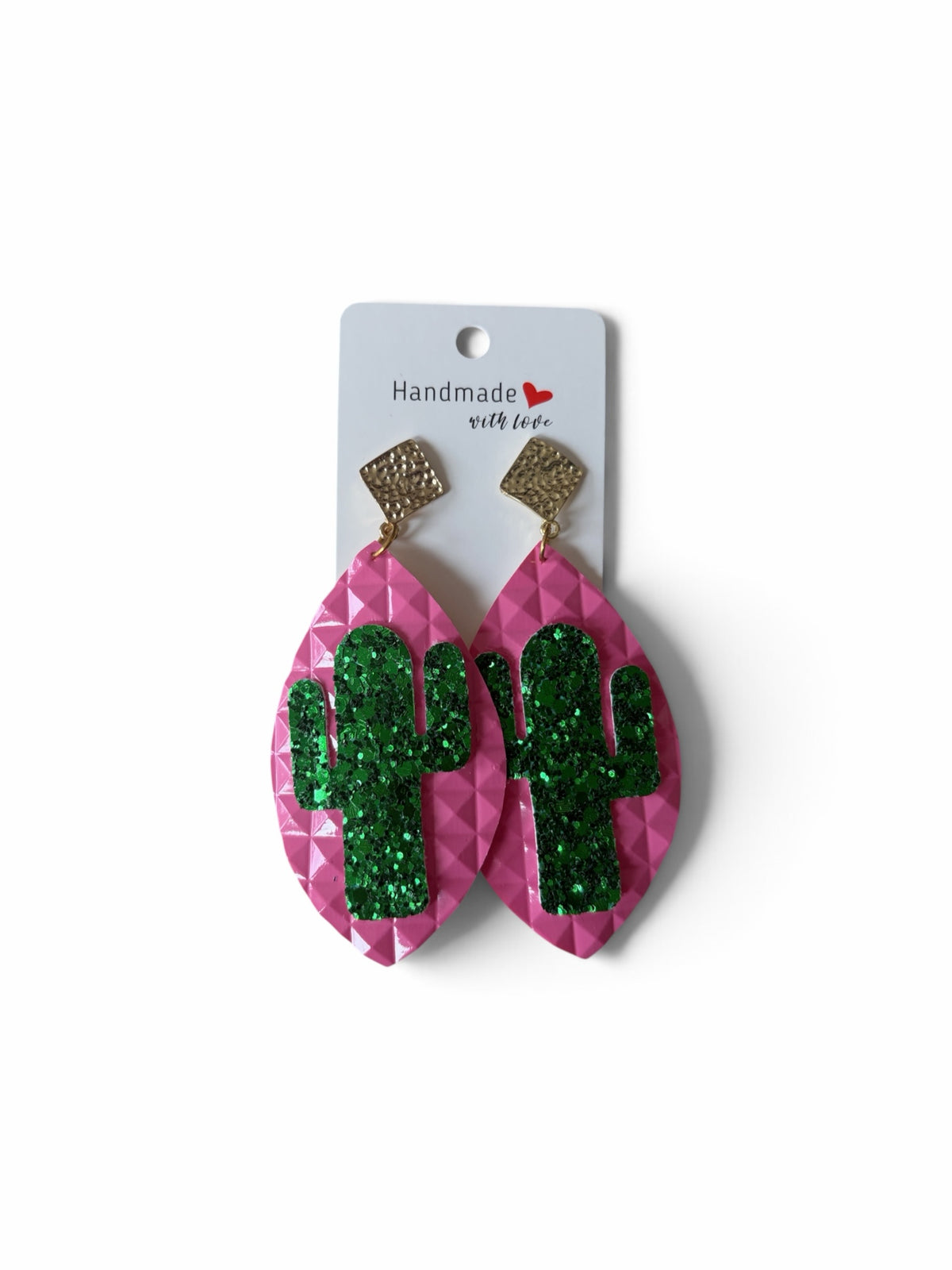 Roselee Glitz hot pink quilted teardrop earrings with glittery green cactus cutouts and gold-tone diamond studs.