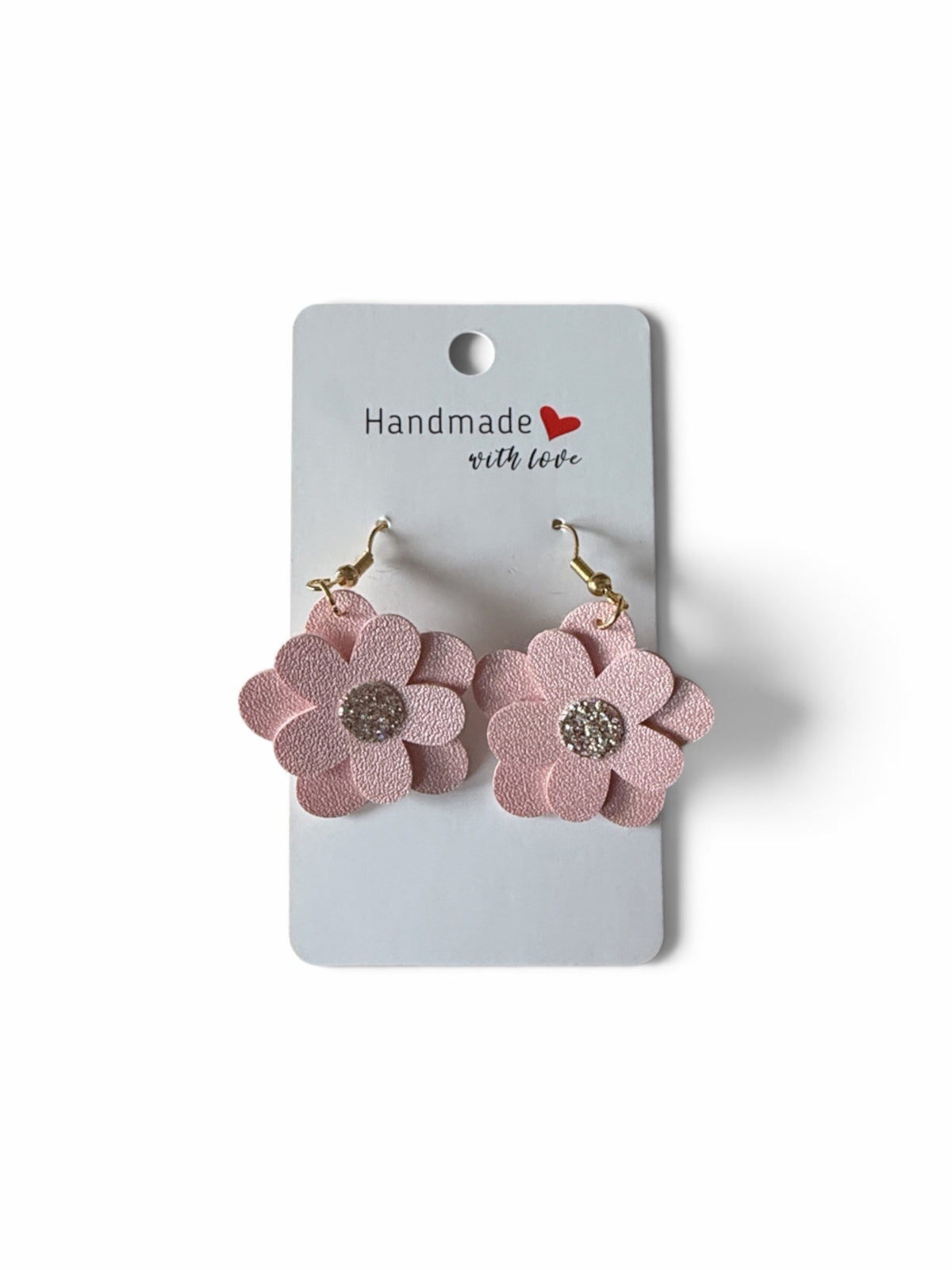Roselee Glitz handmade blush-pink faux leather floral drop earrings with glitter centers and gold-tone fishhook wires.