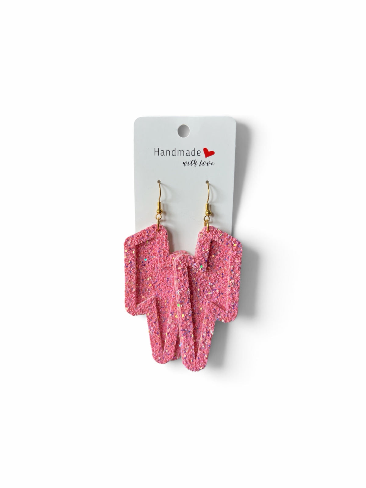 Roselee Glitz handmade geometric dangle earrings in vibrant pink glitter with gold-toned hooks on a display card.