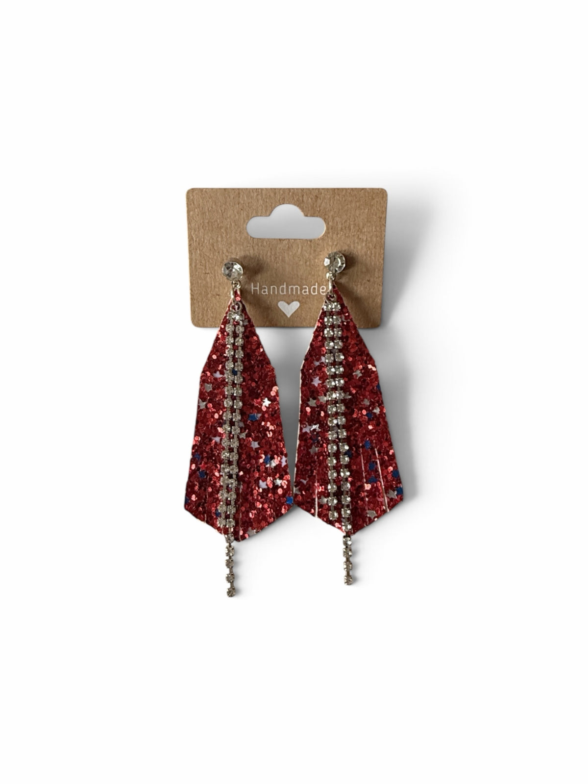 Roselee Glitz red glitter fringe dangle earrings with vertical rhinestone accents on a handmade display card