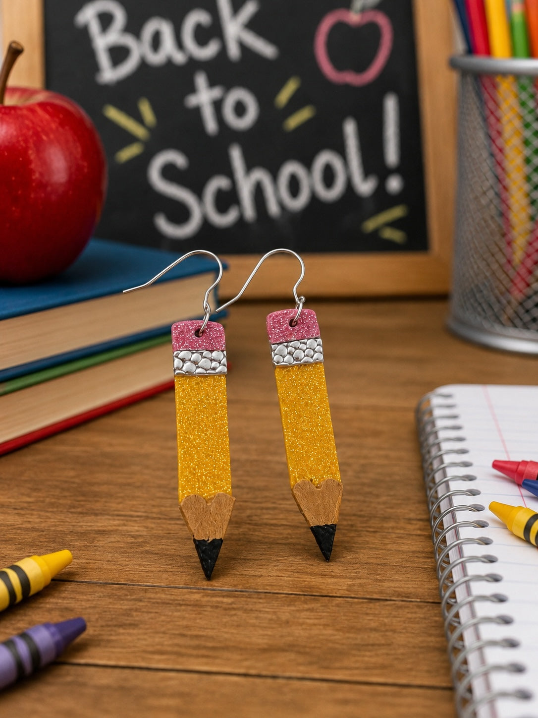 Roselee Glitz pencil-shaped dangle earrings with glittery yellow finish, silver ferrule, and wooden tip on desk.