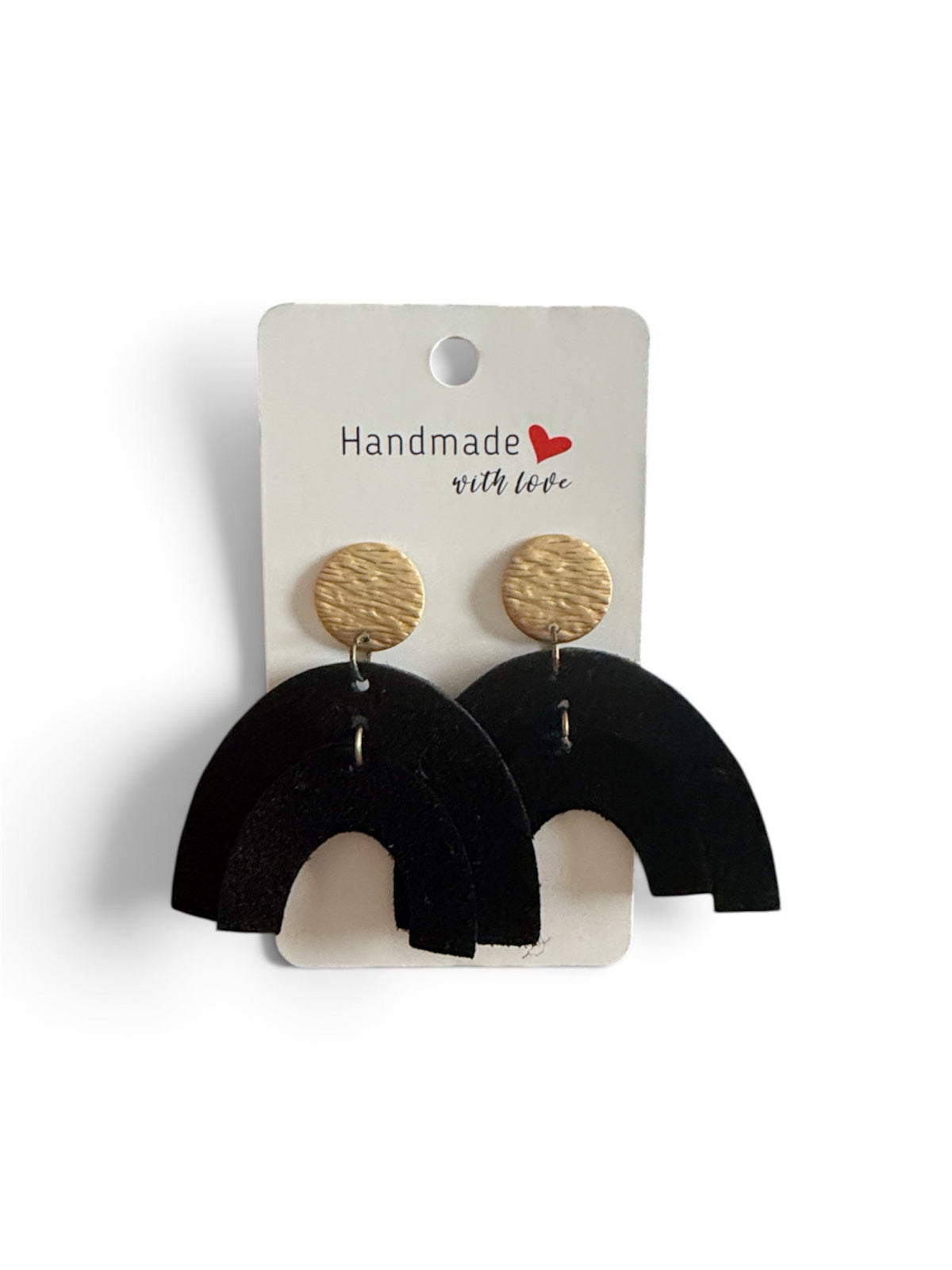 Roselee Glitz handmade arch-shaped dangle earrings with textured gold studs and matte black geometric drops