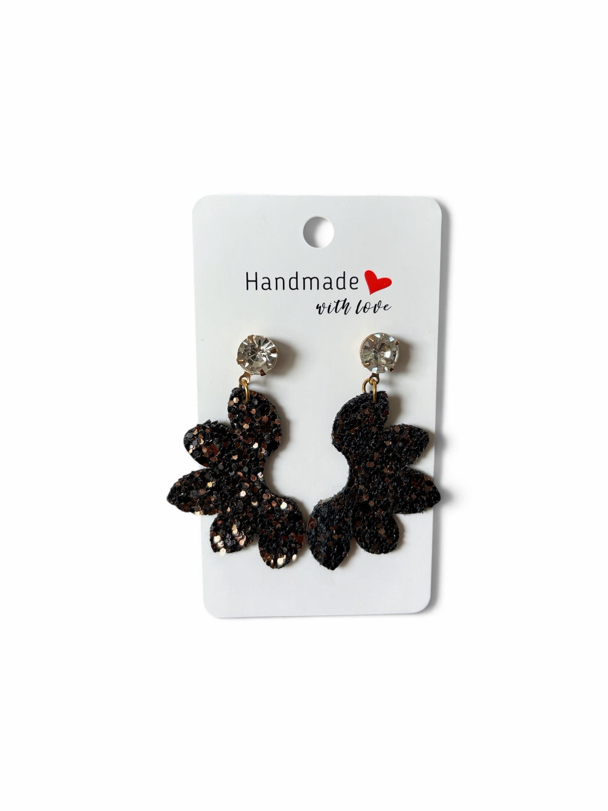 Roselee Glitz handmade black glitter floral drop earrings with clear crystal studs on a white display card.
