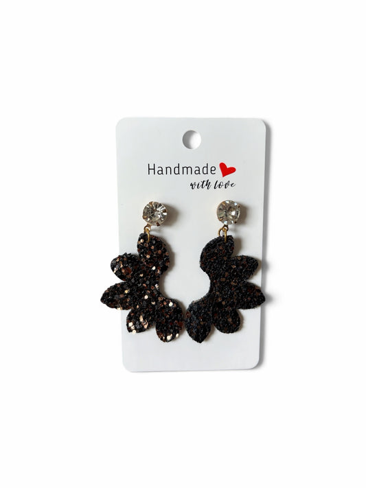 Roselee Glitz handmade black glitter floral drop earrings with clear crystal studs on a white display card.