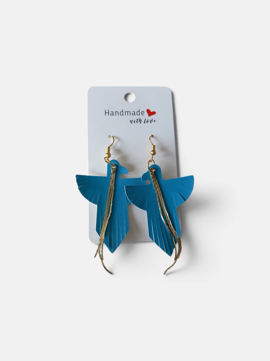 Roselee Glitz artisan bird-shaped dangle earrings in deep blue faux leather with shimmering gold-toned fringe accents.