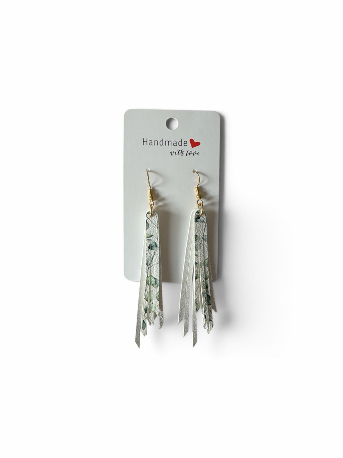 Roselee Glitz handcrafted faux leather tassel earrings featuring a green eucalyptus botanical print and gold hooks.