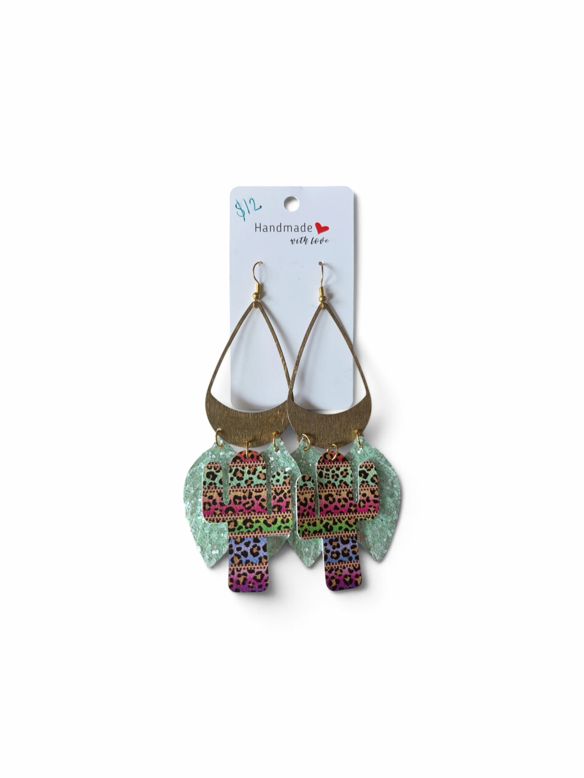 Roselee Glitz decorative cactus dangle earrings with leopard print, mint green leaves, and gold-tone crescent accents.