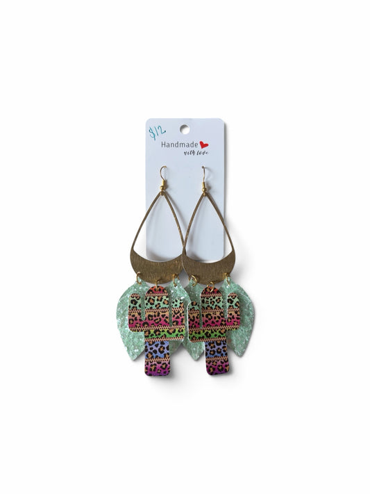Roselee Glitz decorative cactus dangle earrings with leopard print, mint green leaves, and gold-tone crescent accents.