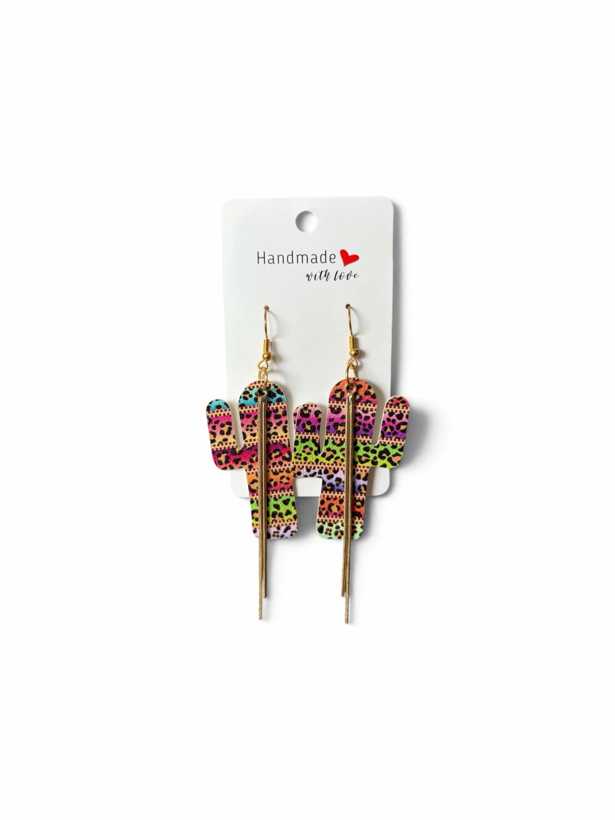 Roselee Glitz cactus dangle earrings with neon leopard print and gold-toned fringe accents on a display card.