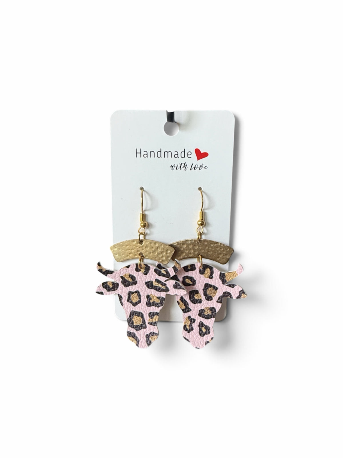 Roselee Glitz handmade cow head dangle earrings with pink leopard print faux leather and gold hammered metal toppers.