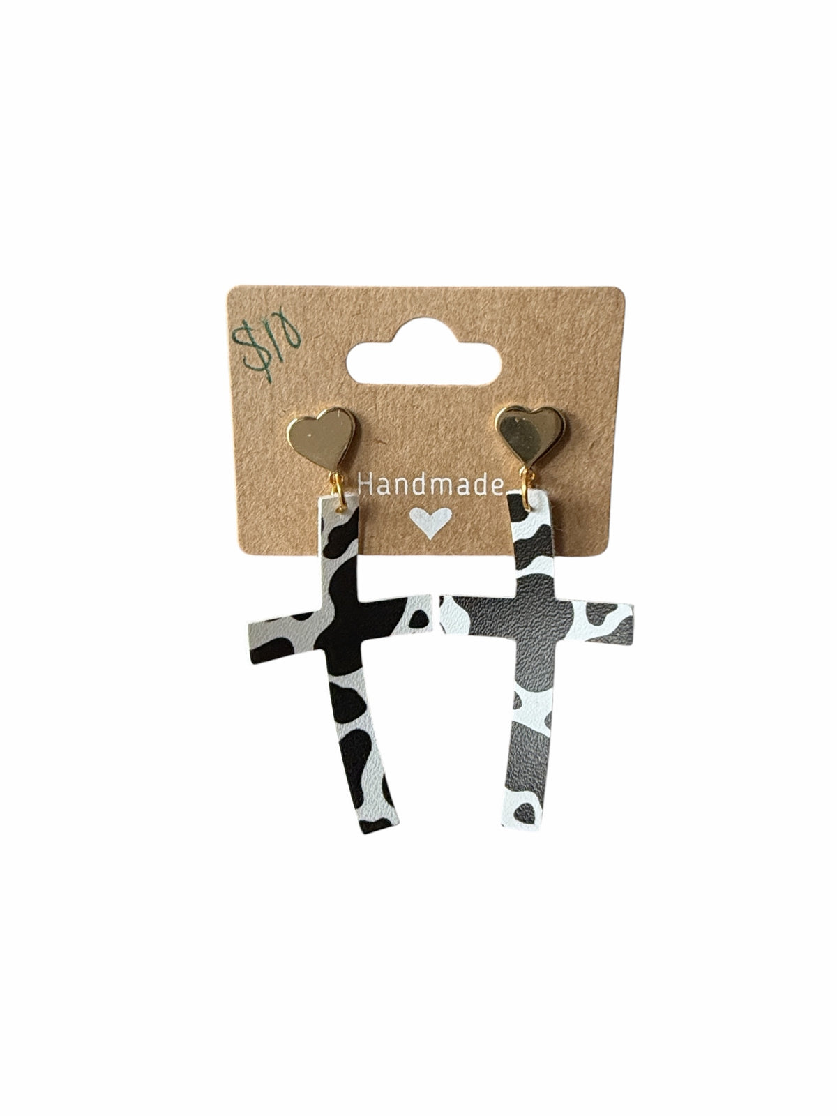 Roselee Glitz handmade cross-shaped dangle earrings featuring a black and white cow print with gold-tone heart studs.