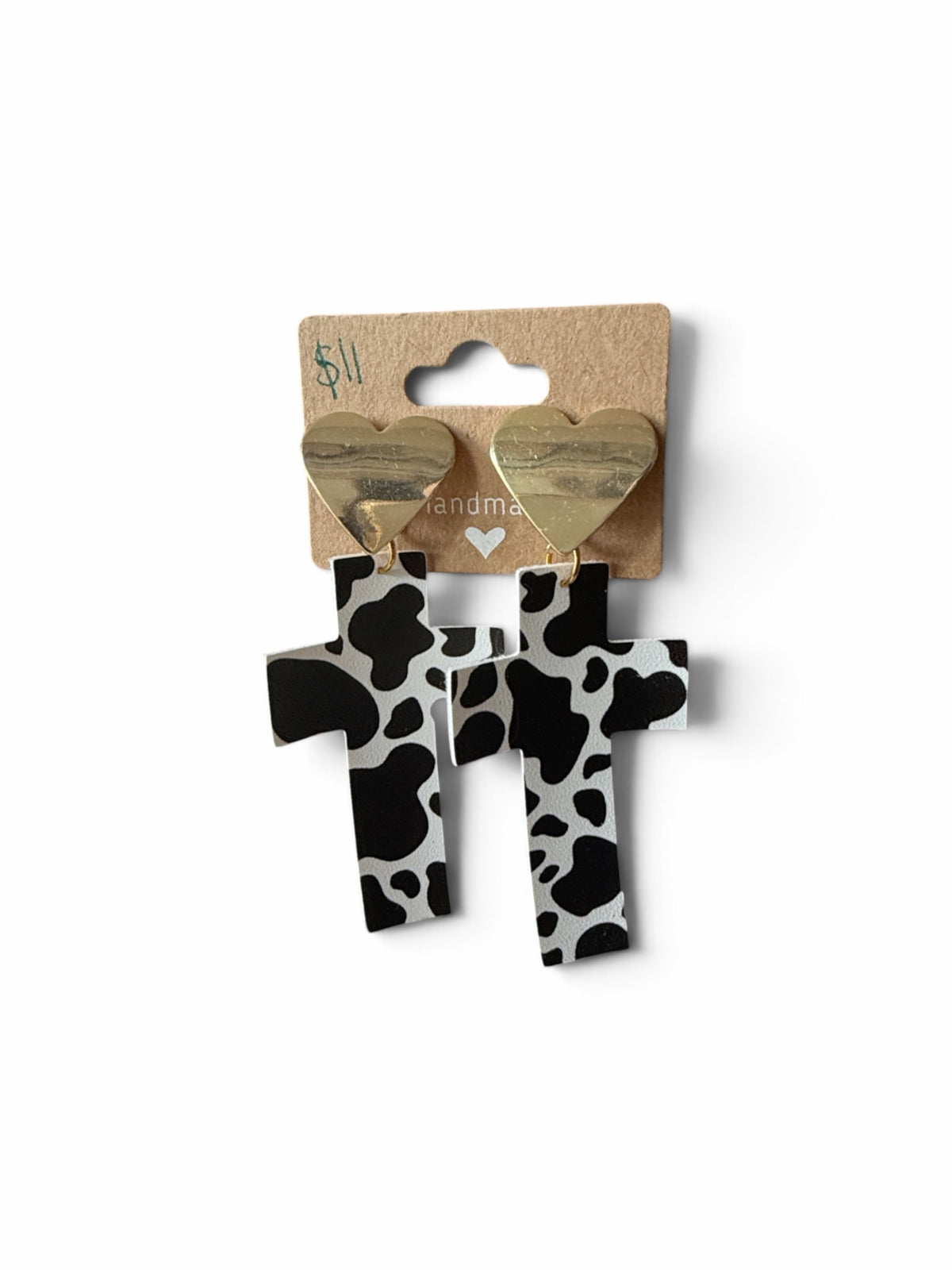 Roselee Glitz dangle earrings featuring black and white cow print crosses hanging from polished gold-tone heart studs.