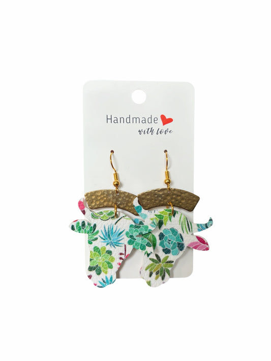 Roselee Glitz handmade cow-shaped drop earrings with a multi-colored succulent print and hammered gold-tone accents.