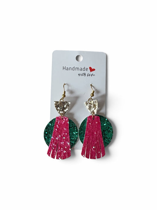 Roselee Glitz handmade dangle earrings featuring gold glitter accents, emerald green circles, and hot pink fringe.