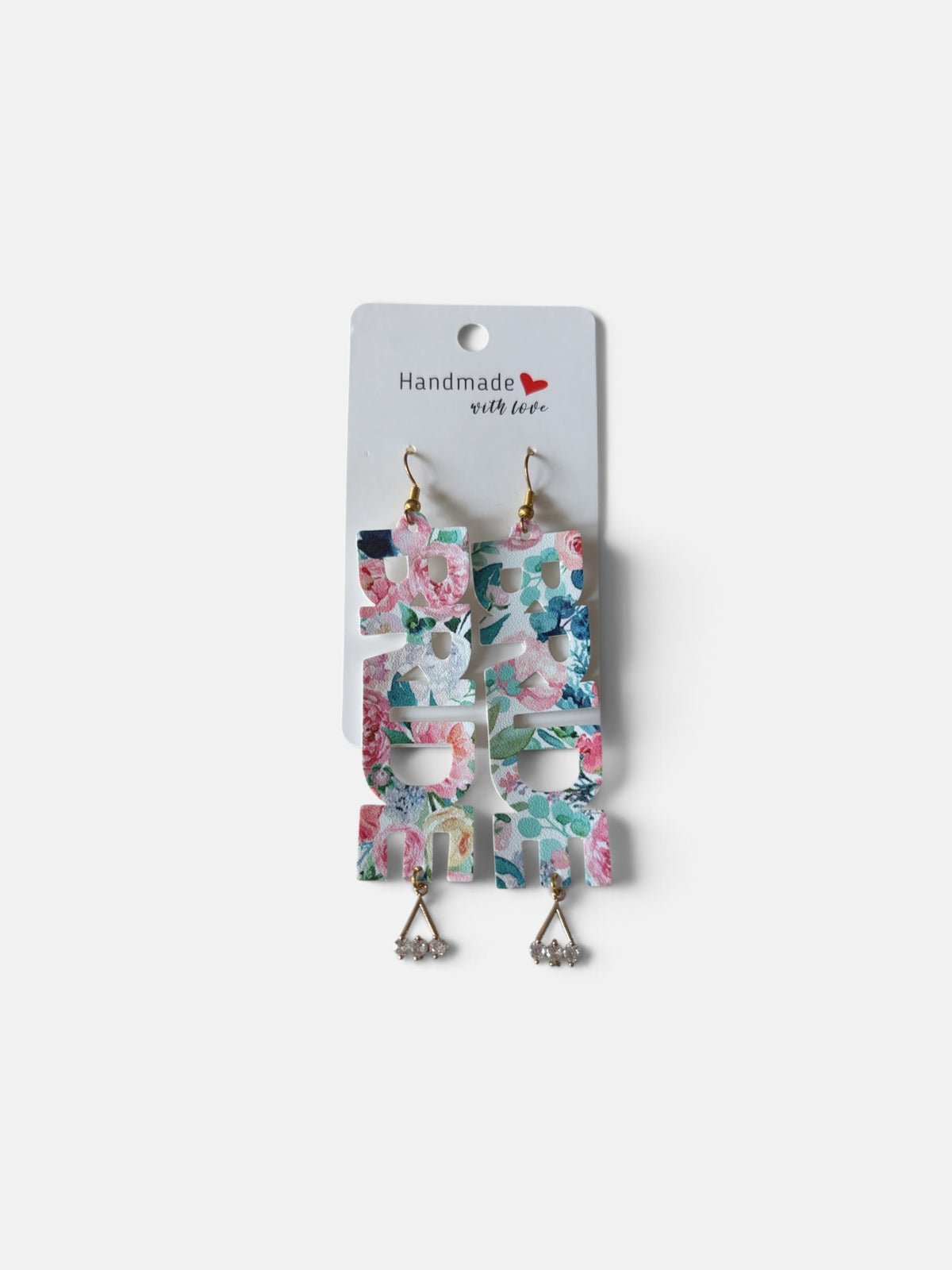 Roselee Glitz floral faux leather BRIDE statement dangle earrings with gold hooks and crystal charms on display card.