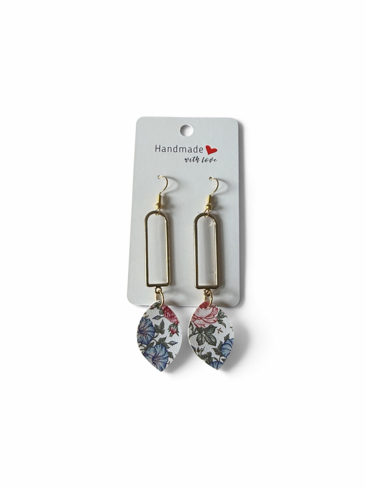 Roselee Glitz floral leather drop earrings with gold-toned rectangular frames and teardrop charms on a display card.