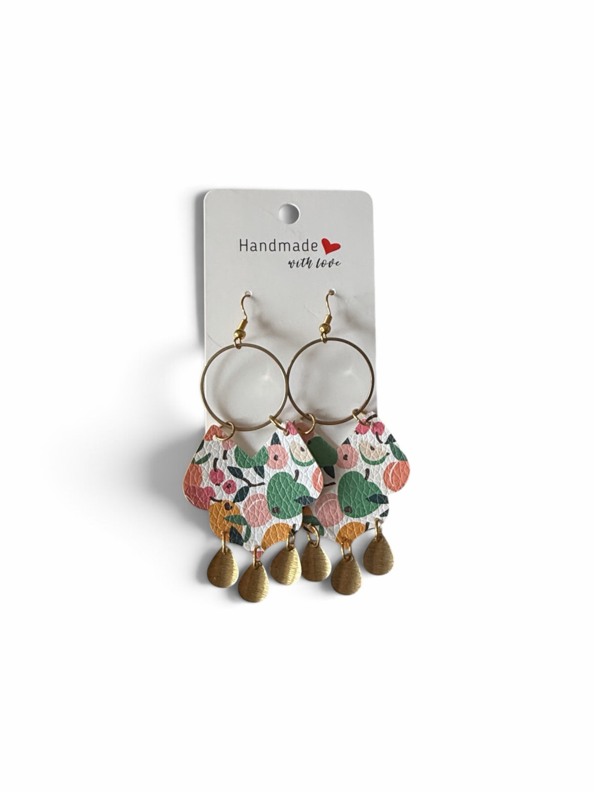 Roselee Glitz handcrafted faux leather teardrop earrings with a vibrant fruit and floral print and gold-tone charms.