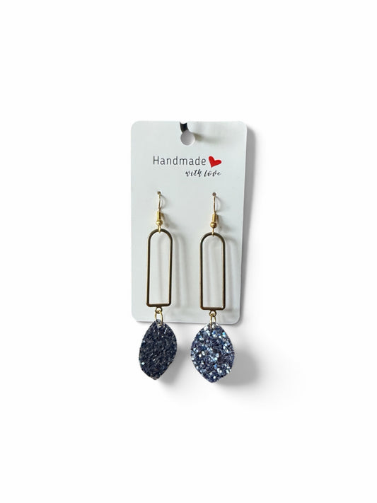 Roselee Glitz geometric drop earrings with gold-tone arch frames and glitter-infused teardrop charms on display card.