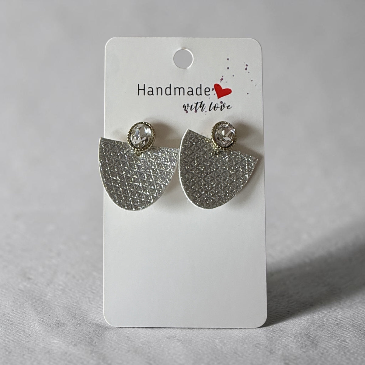Roselee Glitz handmade silver geometric semi-circle earrings with clear crystal studs and gold-tone accents