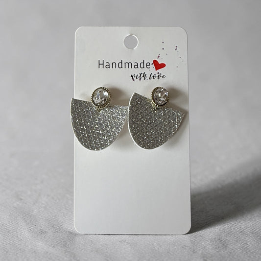 Roselee Glitz handmade silver geometric semi-circle earrings with clear crystal studs and gold-tone accents