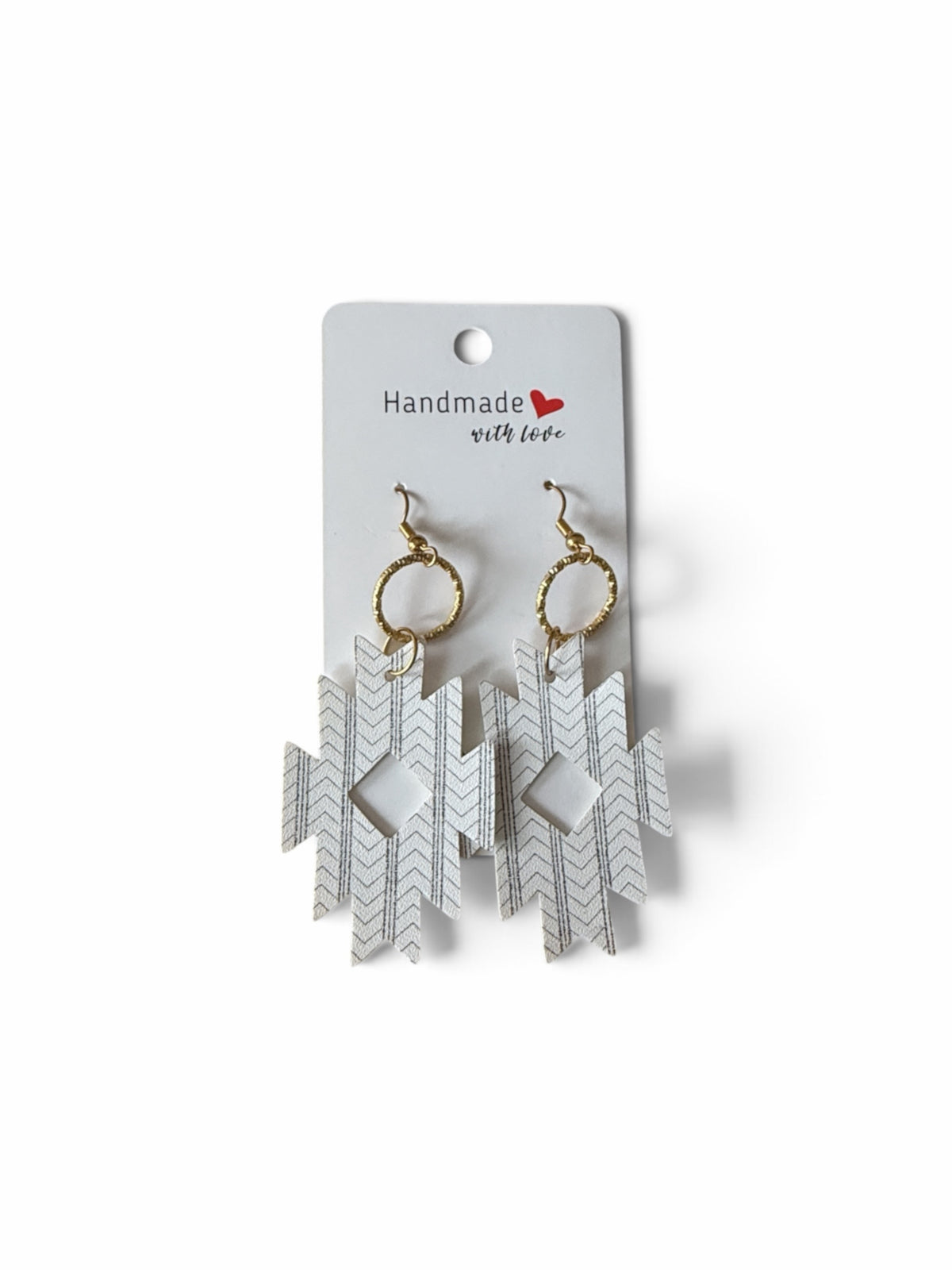 Roselee Glitz geometric teardrop dangle earrings with white and grey chevron patterns and textured gold-tone rings.