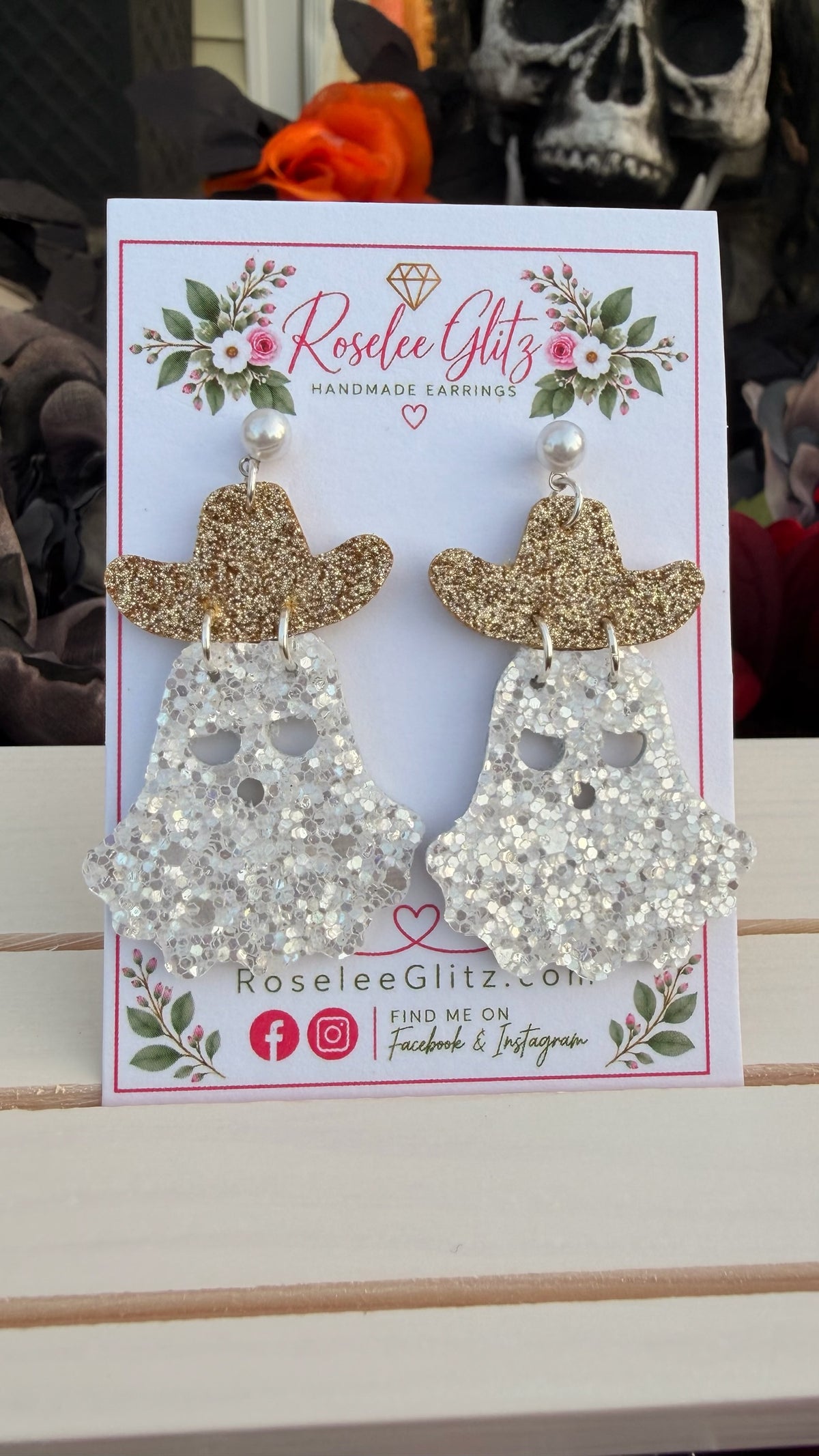 Roselee Glitz glitter ghost dangle earrings featuring sparkling gold cowboy hats on a branded display card.