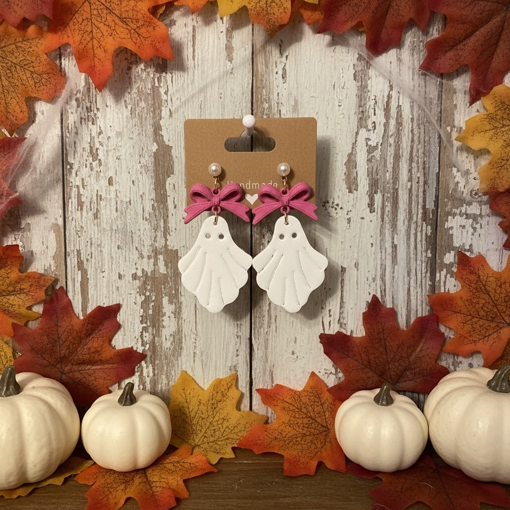 Roselee Glitz handmade white ghost dangle earrings with pink bows and faux pearl accents on a rustic autumn background