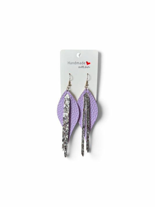 Roselee Glitz handcrafted lavender purple leather leaf drop earrings with shimmering silver glitter layered fringe