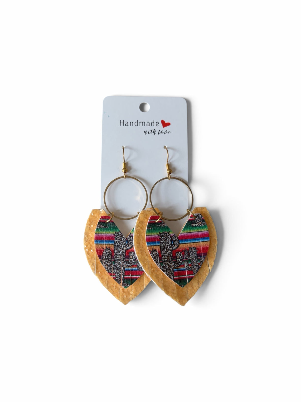 Roselee Glitz layered teardrop dangle earrings featuring cork, serape print, and leopard print with gold-tone hoops.
