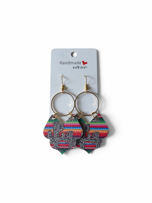 Roselee Glitz handmade leather hoop earrings featuring colorful striped patterns and a leopard print cutout design.