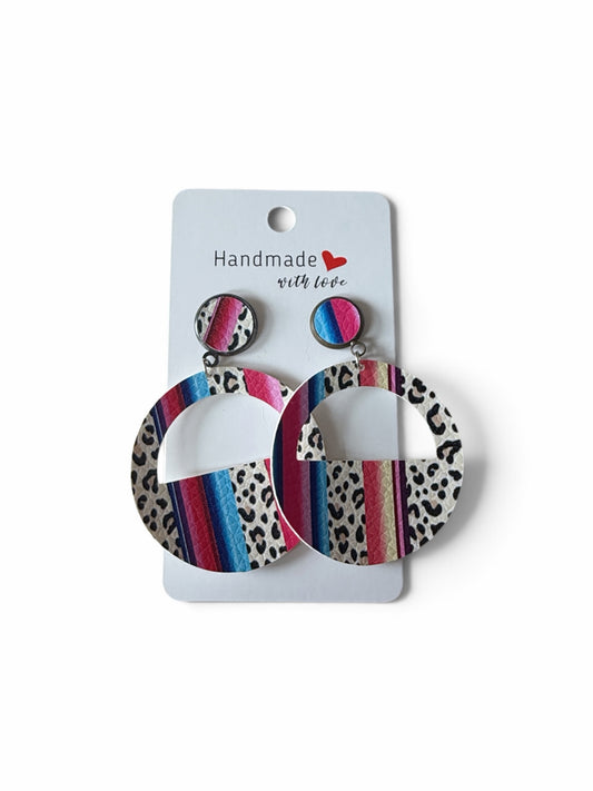 Roselee Glitz handmade round statement earrings featuring leopard print and pink, blue, and purple striped patterns.