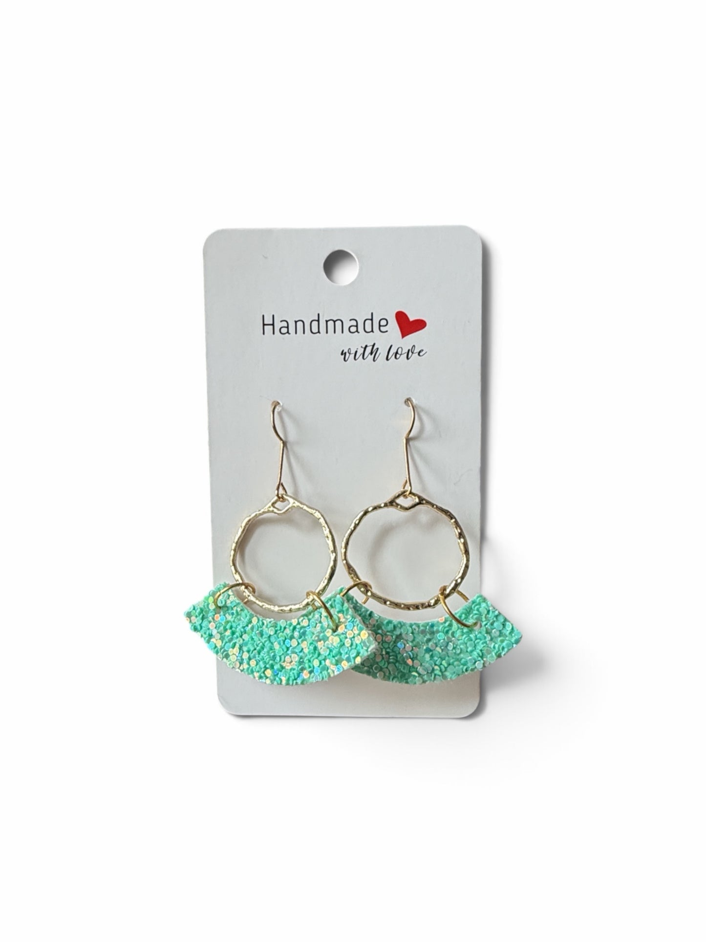 Roselee Glitz handmade mint green glitter fan-shaped dangle earrings with hammered gold-tone hoops on display card.