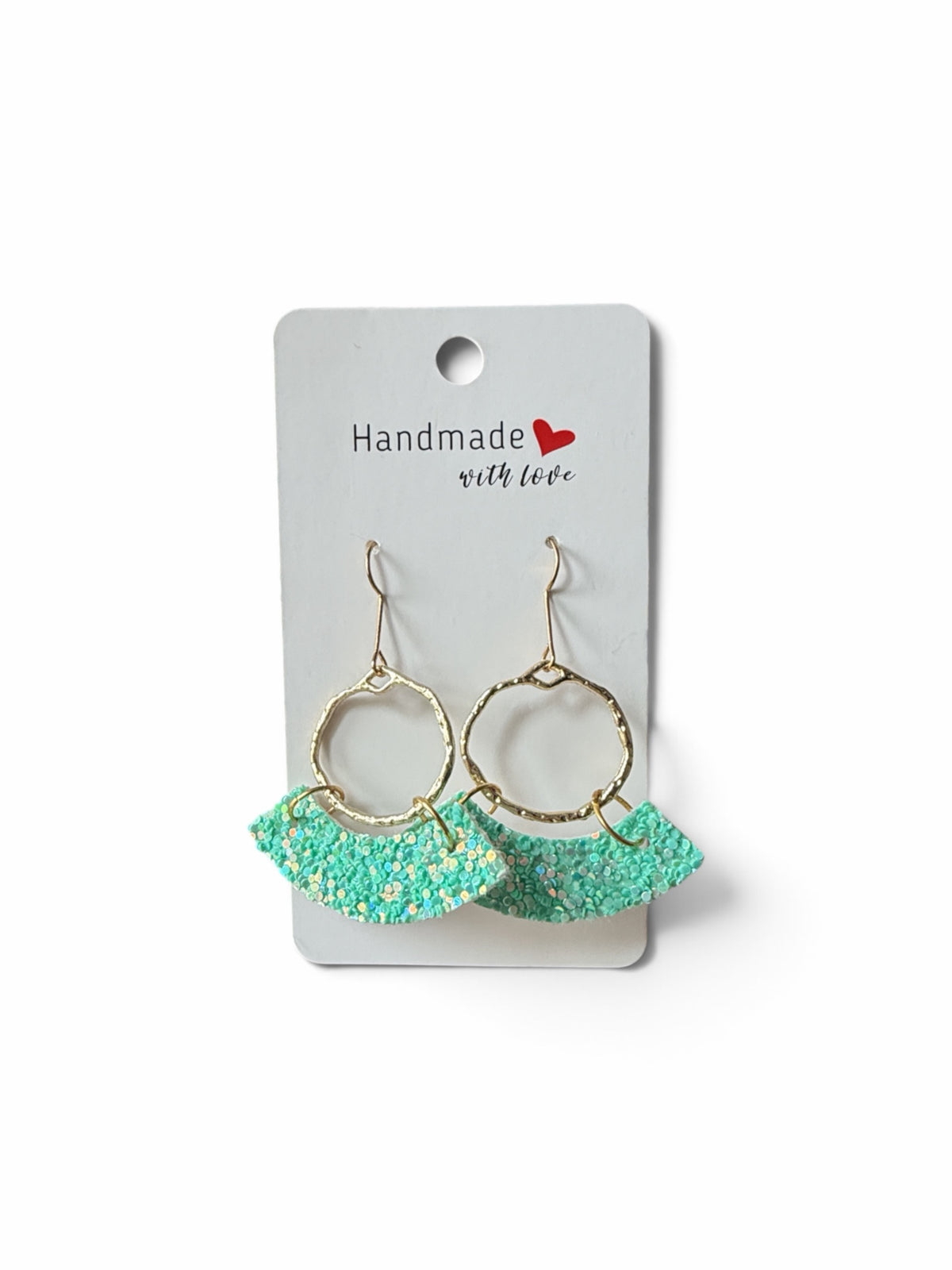 Roselee Glitz handmade mint green glitter fan-shaped dangle earrings with hammered gold-tone hoops on display card.