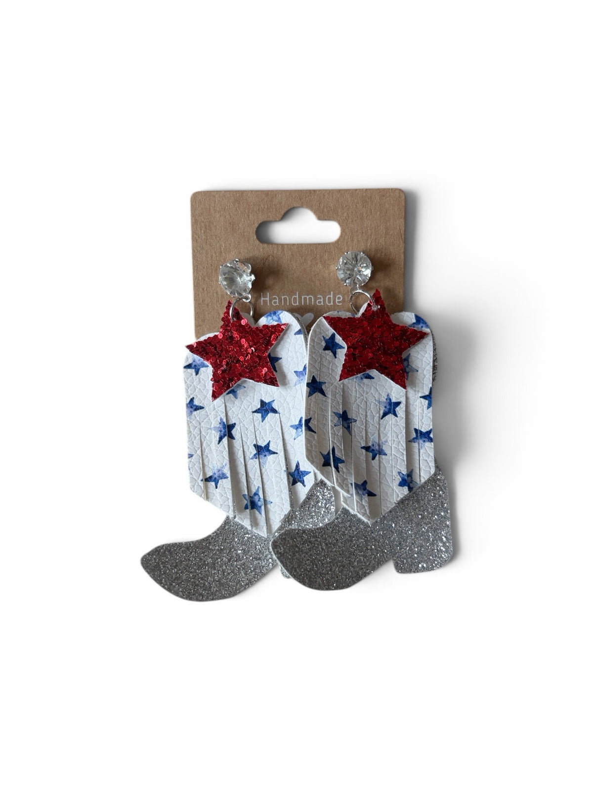 Roselee Glitz patriotic cowboy boot dangle earrings with white star print, silver glitter base, and red star detail.