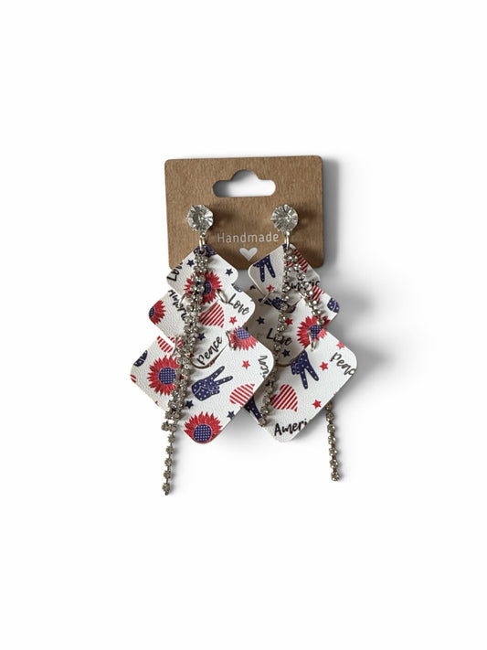Roselee Glitz layered faux leather diamond dangle earrings with patriotic red, white, and blue sunflower and star print