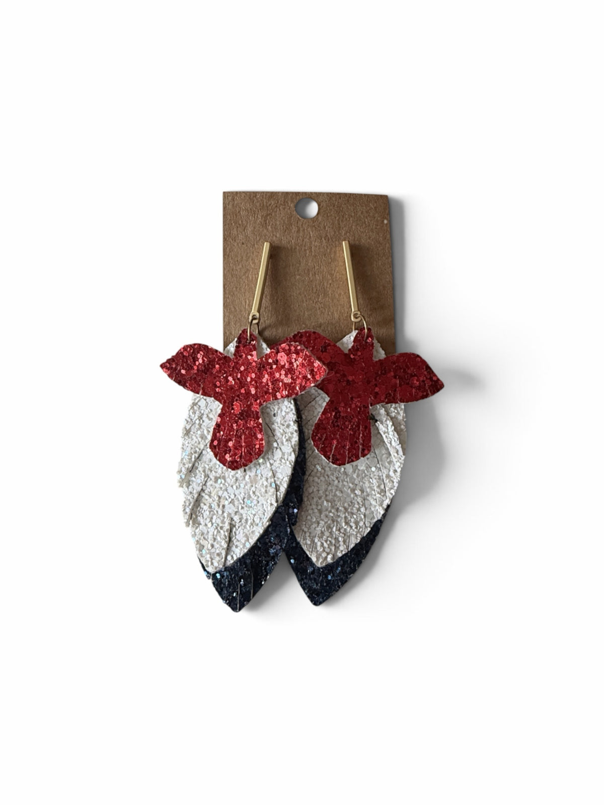 Roselee Glitz patriotic layered feather dangle earrings in red, white, and blue glitter faux leather with gold hardware