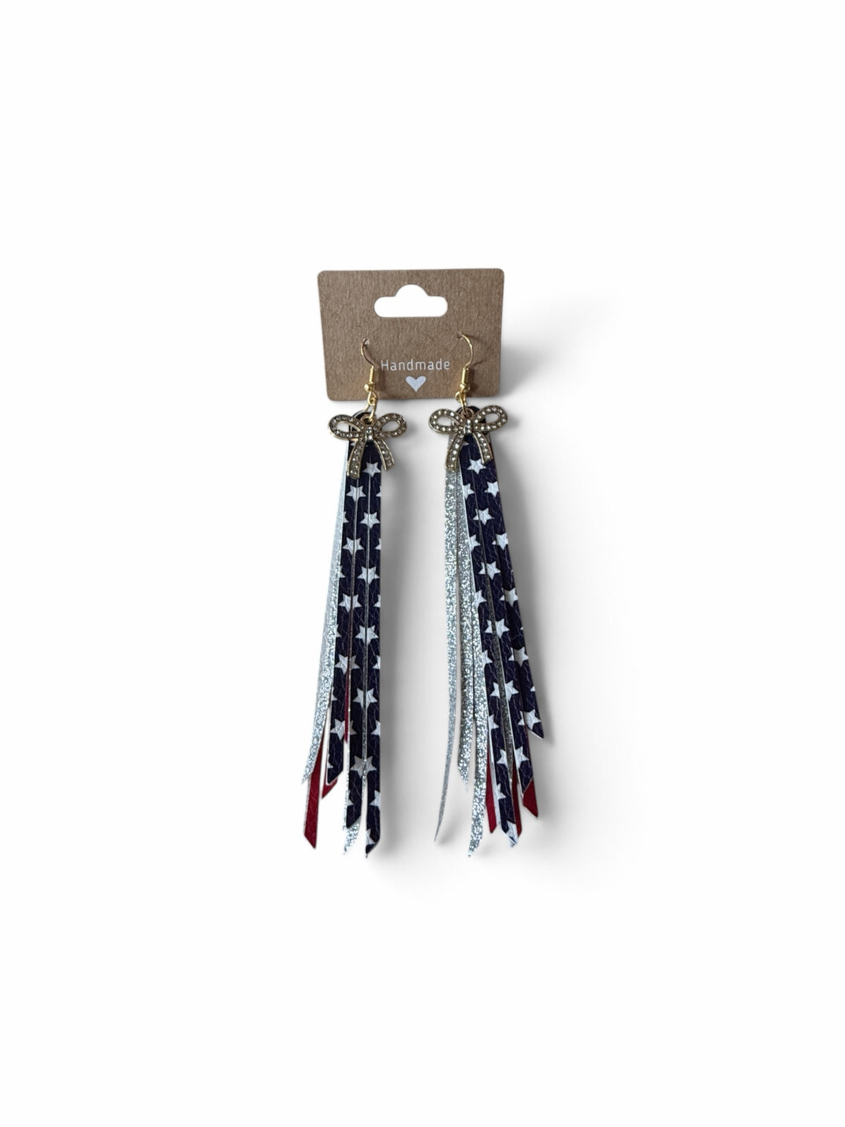 Roselee Glitz patriotic fringe dangle earrings with red, white, and blue star patterns and gold-tone bow accents.