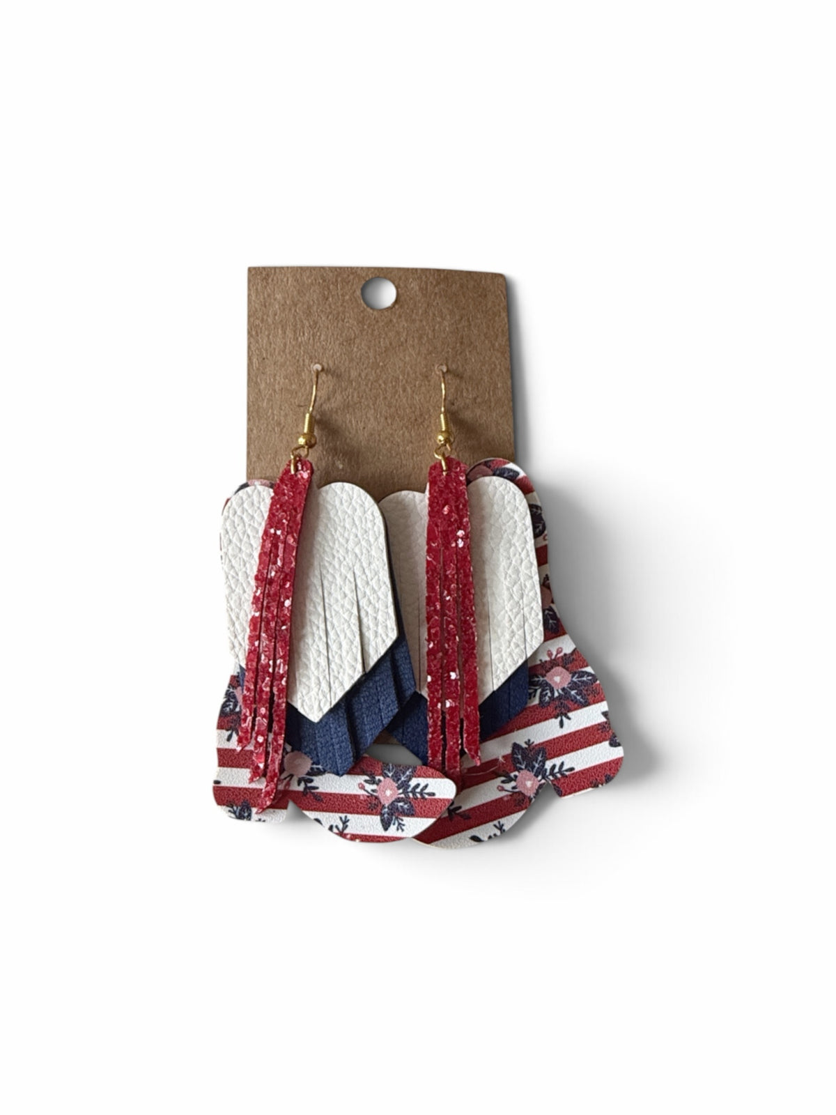 Roselee Glitz patriotic layered faux leather fringe dangle earrings with red, white, and blue floral and striped motifs.