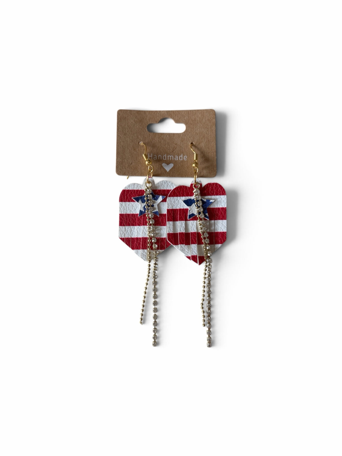Roselee Glitz patriotic heart-shaped faux leather earrings with American flag stripes, star accents, and rhinestone dangles.