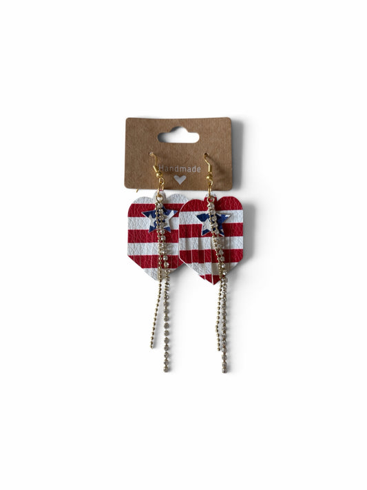 Roselee Glitz patriotic heart-shaped faux leather earrings with American flag stripes, star accents, and rhinestone dangles.